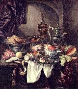 Abraham van Beijeren Still life with fruit, roast, silver- and glassware, porcelain and columbine cup on a dark tablecloth with white serviette. oil painting picture wholesale